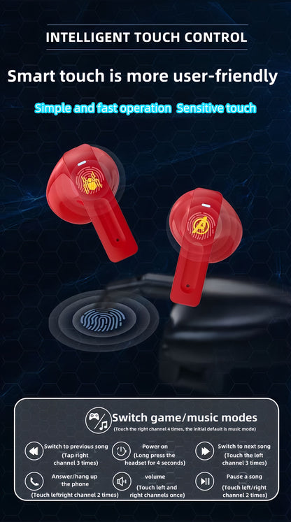 Avengers Spider‑Man Iron Man Captain America TWS True Wireless Bluetooth 5.3 Earbuds, Low Latency Gaming Mode, Cool Light Transparent Charging Case, Touch Control HIFI Stereo Headphones