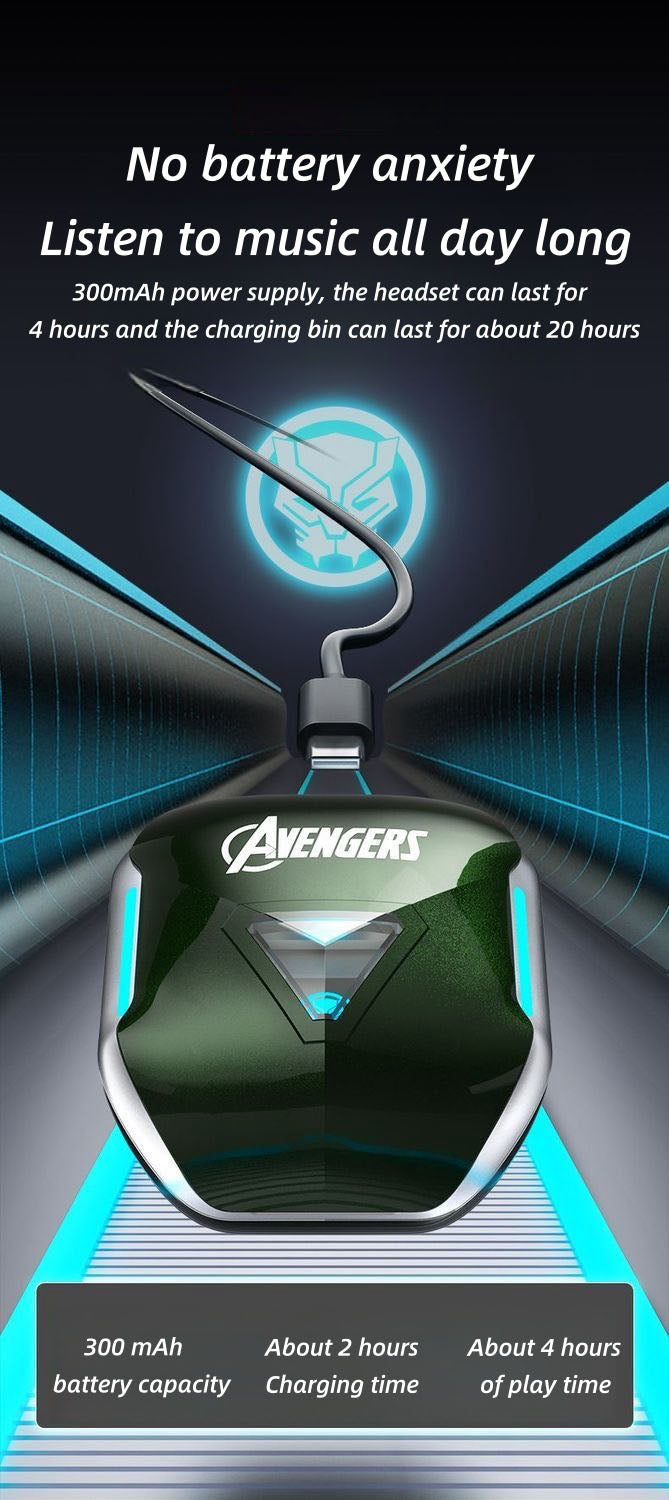 Marvel Avengers Iron Man Captain America Black Panther True Wireless Bluetooth 5.3 Earbuds HIFI Stereo Sound Touch Control In‑Ear Gaming Headphones with Charging Case for Sports Daily Use
