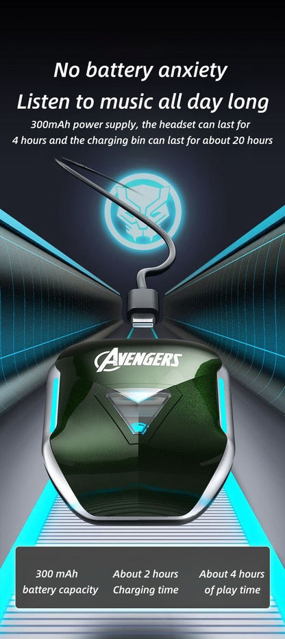Marvel Avengers Iron Man Captain America Black Panther True Wireless Bluetooth 5.3 Earbuds HIFI Stereo Sound Touch Control In‑Ear Gaming Headphones with Charging Case for Sports Daily Use