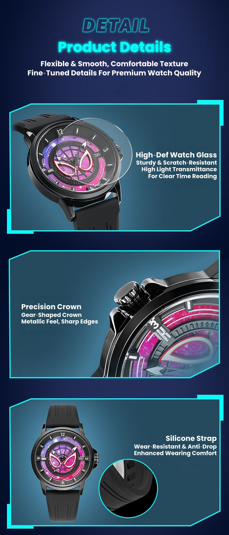 Marvel Spider-Man Co-Branded Quartz Watch 3D Gradient Starry Sky Dial Luminous Glow In Dark 3ATM Waterproof Silicone Strap Alloy Case Scratch Resistant Glass Unisex Analog Wristwatch 2 Colors For Fans