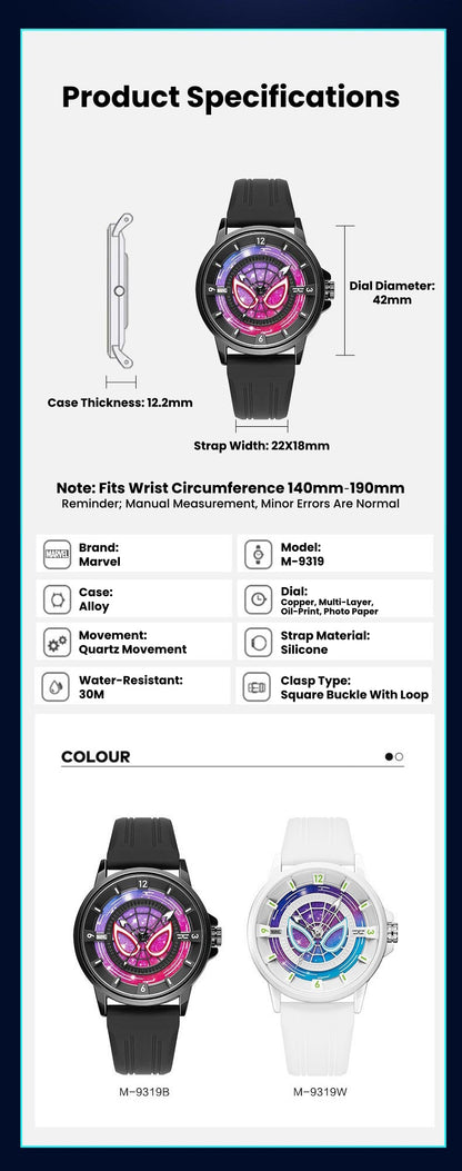 Marvel Spider-Man Co-Branded Quartz Watch 3D Gradient Starry Sky Dial Luminous Glow In Dark 3ATM Waterproof Silicone Strap Alloy Case Scratch Resistant Glass Unisex Analog Wristwatch 2 Colors For Fans