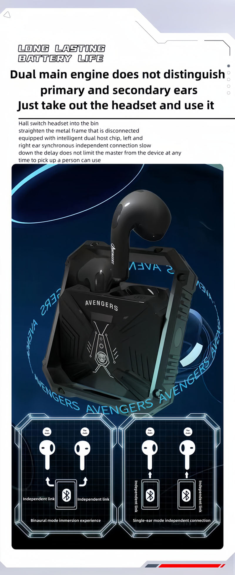 Marvel Avengers Iron Man TWS Wireless Bluetooth 5.3 Earbuds Rotatable Opening Charging Case 360° Surround Sound Semi‑in‑Ear Gaming Headphones Black White Variant For Sports Gaming Daily Use