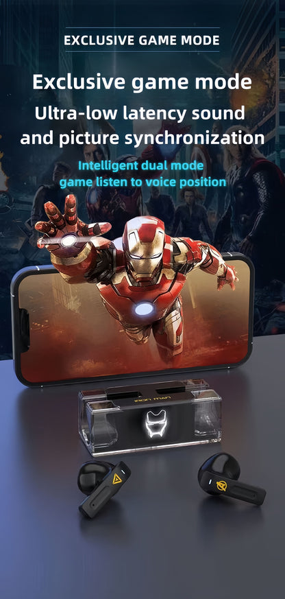 Avengers Spider‑Man Iron Man Captain America TWS True Wireless Bluetooth 5.3 Earbuds, Low Latency Gaming Mode, Cool Light Transparent Charging Case, Touch Control HIFI Stereo Headphones