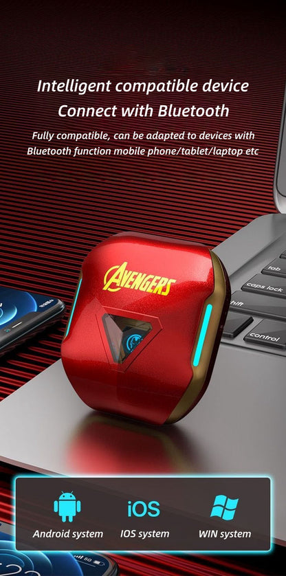 Marvel Avengers Iron Man Captain America Black Panther True Wireless Bluetooth 5.3 Earbuds HIFI Stereo Sound Touch Control In‑Ear Gaming Headphones with Charging Case for Sports Daily Use