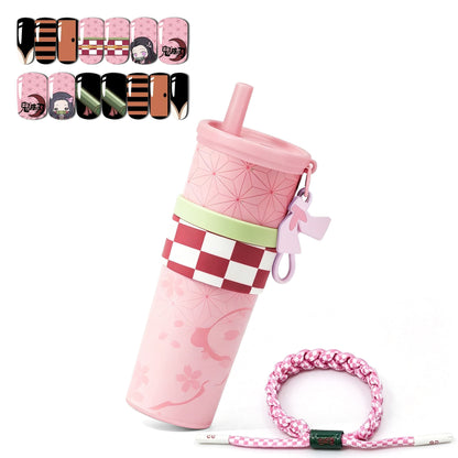 Demon Slayer Nezuko Kamado Gift Set Insulated Tumbler Cup Handmade Braided Bracelet Anime Press‑on Nails Cosplay Accessories Collection