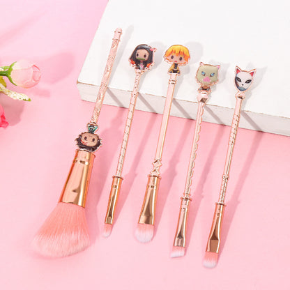 Demon Slayer Makeup Brushes Set, 5Pcs Anime Cosmetic Brushes with Pink Storage Pouch, Soft Synthetic Bristles Rose Gold Handle Makeup Brush Kit, Cute Anime Gift for Demon Slayer Fans