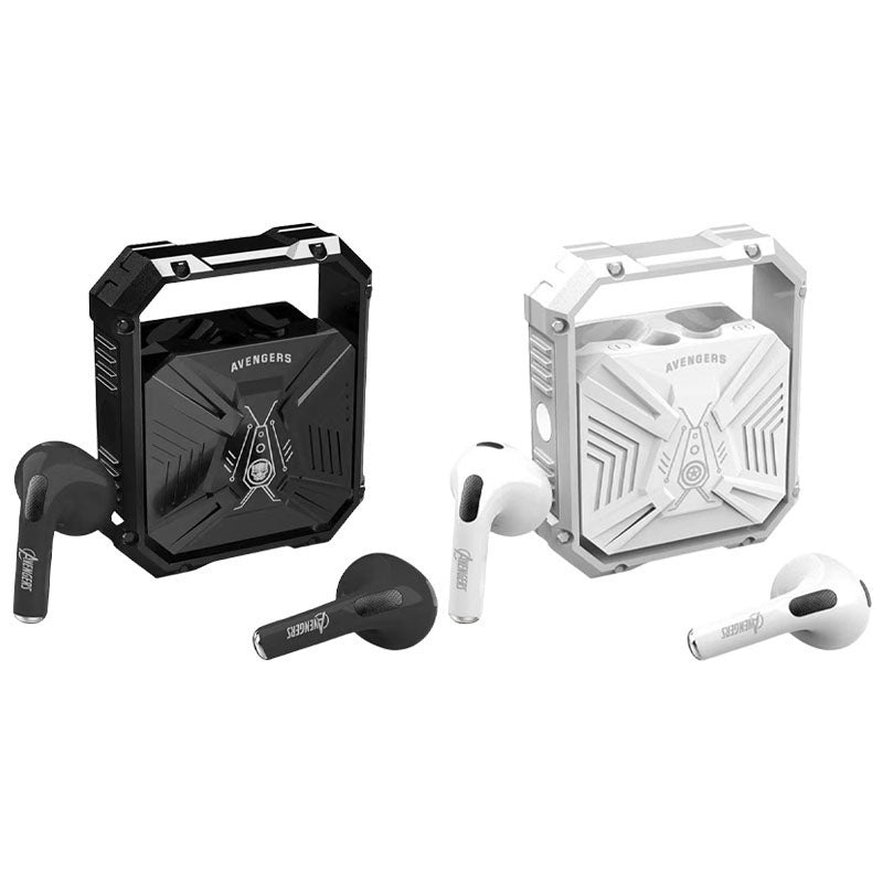 Marvel Avengers Iron Man TWS Wireless Bluetooth 5.3 Earbuds Rotatable Opening Charging Case 360° Surround Sound Semi‑in‑Ear Gaming Headphones Black White Variant For Sports Gaming Daily Use