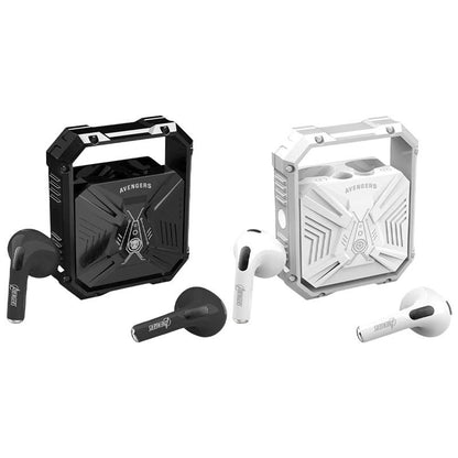 Marvel Avengers Iron Man TWS Wireless Bluetooth 5.3 Earbuds Rotatable Opening Charging Case 360° Surround Sound Semi‑in‑Ear Gaming Headphones Black White Variant For Sports Gaming Daily Use