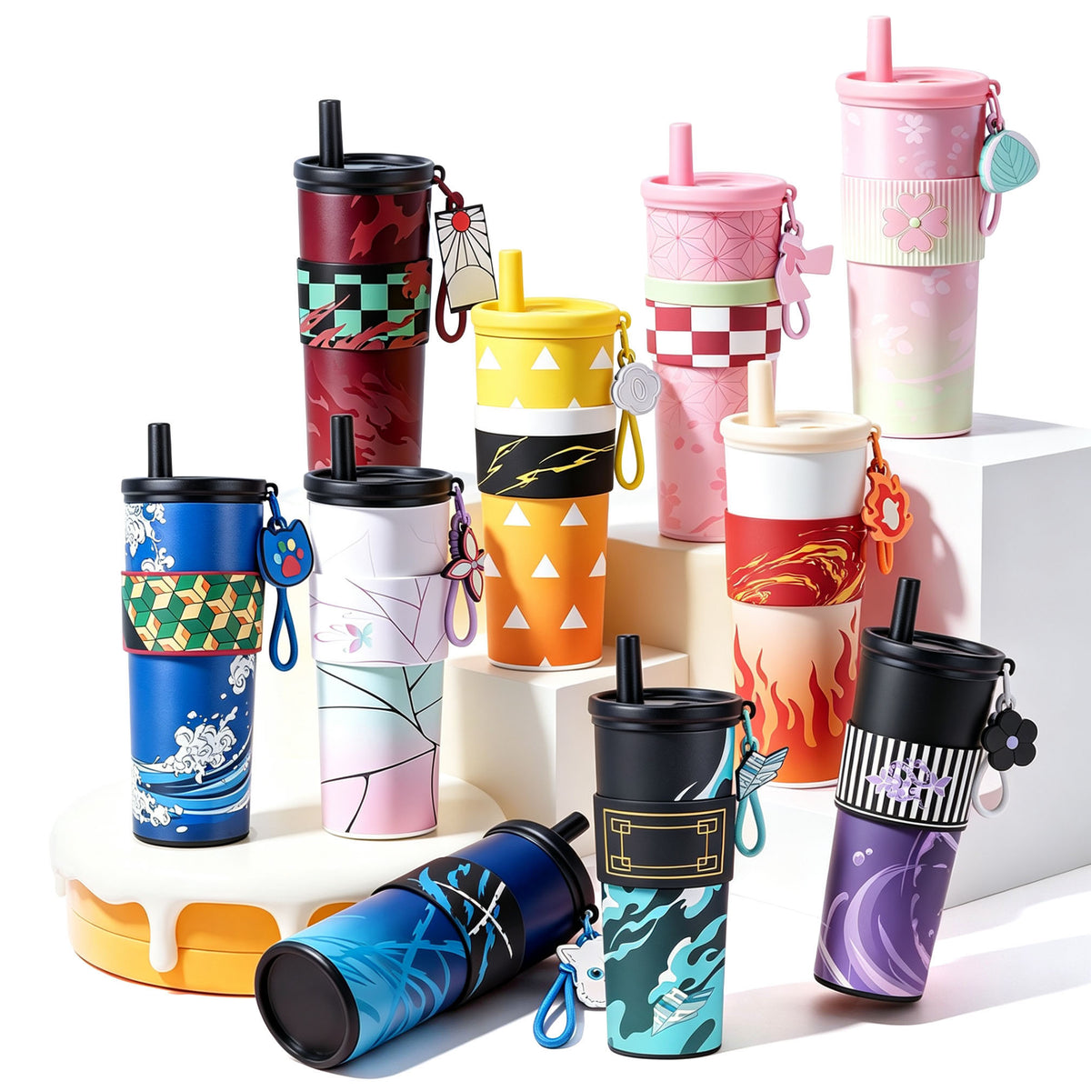 Demon Slayer Tanjiro Nezuko Zenitsu Giyuu 710ml 316 Stainless Steel Tumbler With Pop‑Up Straw & Detachable Charm, Leak Proof Vacuum Insulated Travel Coffee Cup For Hot Cold Drinks, Anime Fan Collection Gift