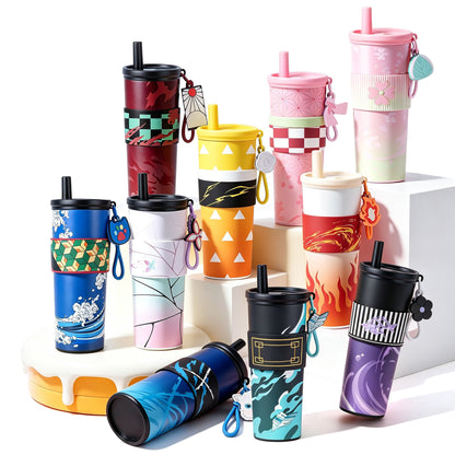 Demon Slayer Tanjiro Nezuko Zenitsu Giyuu 710ml 316 Stainless Steel Tumbler With Pop‑Up Straw & Detachable Charm, Leak Proof Vacuum Insulated Travel Coffee Cup For Hot Cold Drinks, Anime Fan Collection Gift