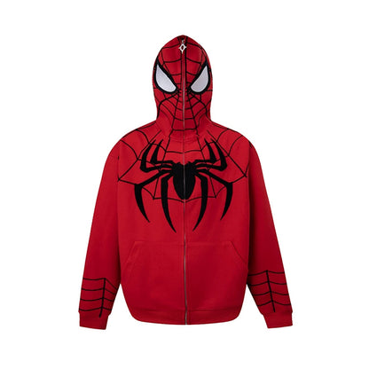 Spider‑Man Peter Parker Full Zip Up Hoodie With Mask Face Cover, Chenille Embroidery Spider Graphic Oversized Cosplay Hooded Sweatshirt For Men Women