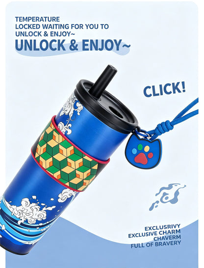 Demon Slayer Tanjiro Nezuko Zenitsu Giyuu 710ml 316 Stainless Steel Tumbler With Pop‑Up Straw & Detachable Charm, Leak Proof Vacuum Insulated Travel Coffee Cup For Hot Cold Drinks, Anime Fan Collection Gift