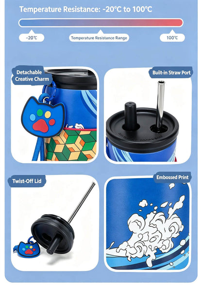 Demon Slayer Tanjiro Nezuko Zenitsu Giyuu 710ml 316 Stainless Steel Tumbler With Pop‑Up Straw & Detachable Charm, Leak Proof Vacuum Insulated Travel Coffee Cup For Hot Cold Drinks, Anime Fan Collection Gift