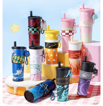 Demon Slayer Tanjiro Nezuko Zenitsu Giyuu 710ml 316 Stainless Steel Tumbler With Pop‑Up Straw & Detachable Charm, Leak Proof Vacuum Insulated Travel Coffee Cup For Hot Cold Drinks, Anime Fan Collection Gift