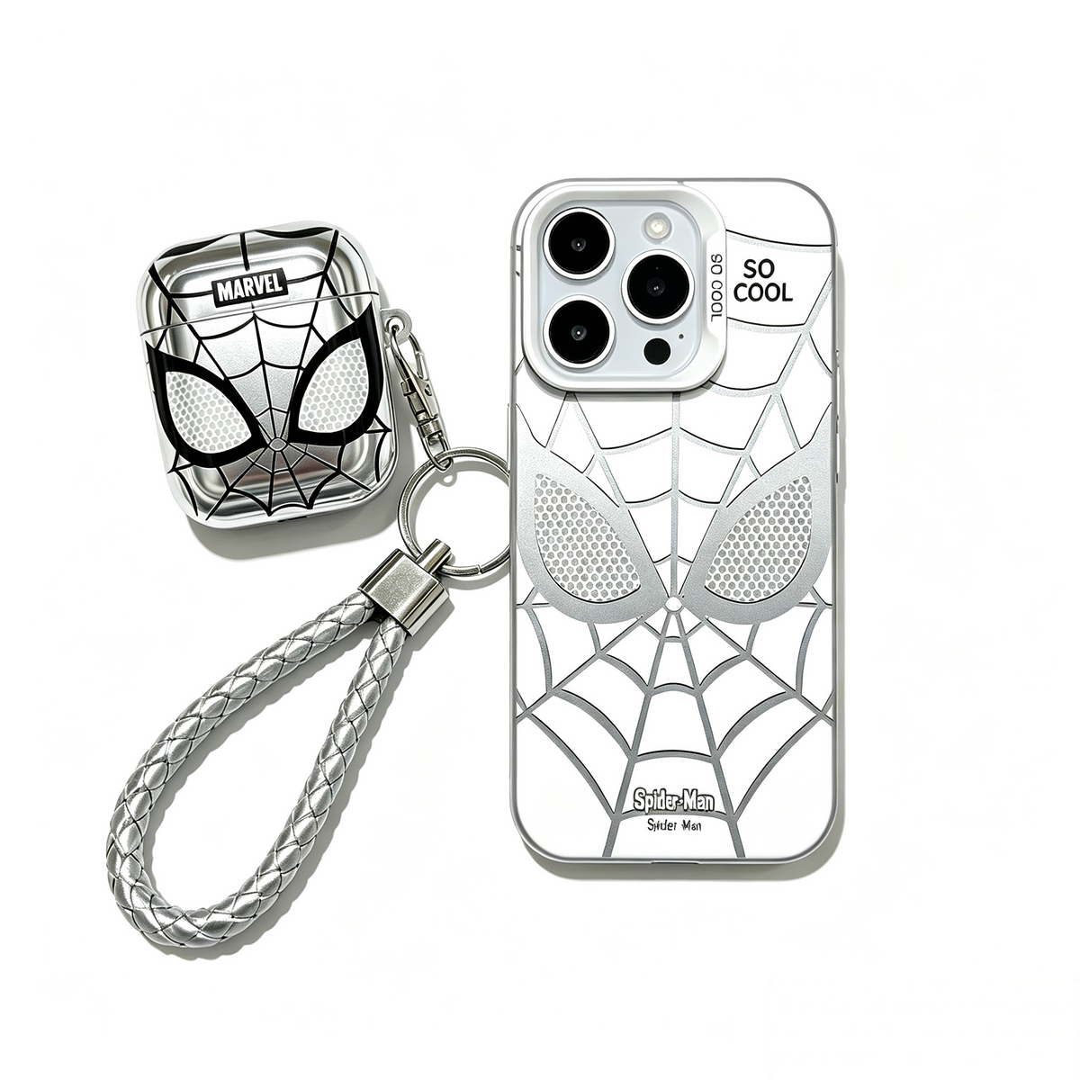 MARVEL Silver Spider Man Protective Case Set for iPhone & Airpods, Electroplated Spider Web Face Phone Cover & Earbud Case with Keychain