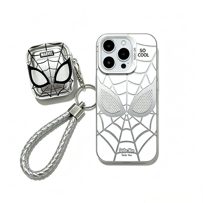 MARVEL Silver Spider Man Protective Case Set for iPhone & Airpods, Electroplated Spider Web Face Phone Cover & Earbud Case with Keychain