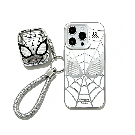 MARVEL Silver Spider Man Protective Case Set for iPhone & Airpods, Electroplated Spider Web Face Phone Cover & Earbud Case with Keychain