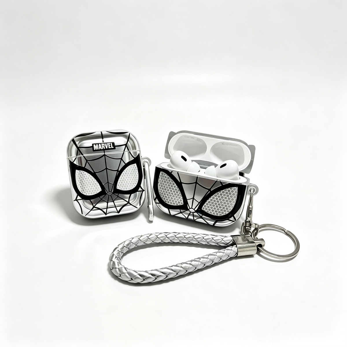 MARVEL Silver Spider Man Protective Case Set for iPhone & Airpods, Electroplated Spider Web Face Phone Cover & Earbud Case with Keychain