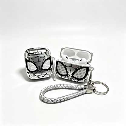 MARVEL Silver Spider Man Protective Case Set for iPhone & Airpods, Electroplated Spider Web Face Phone Cover & Earbud Case with Keychain
