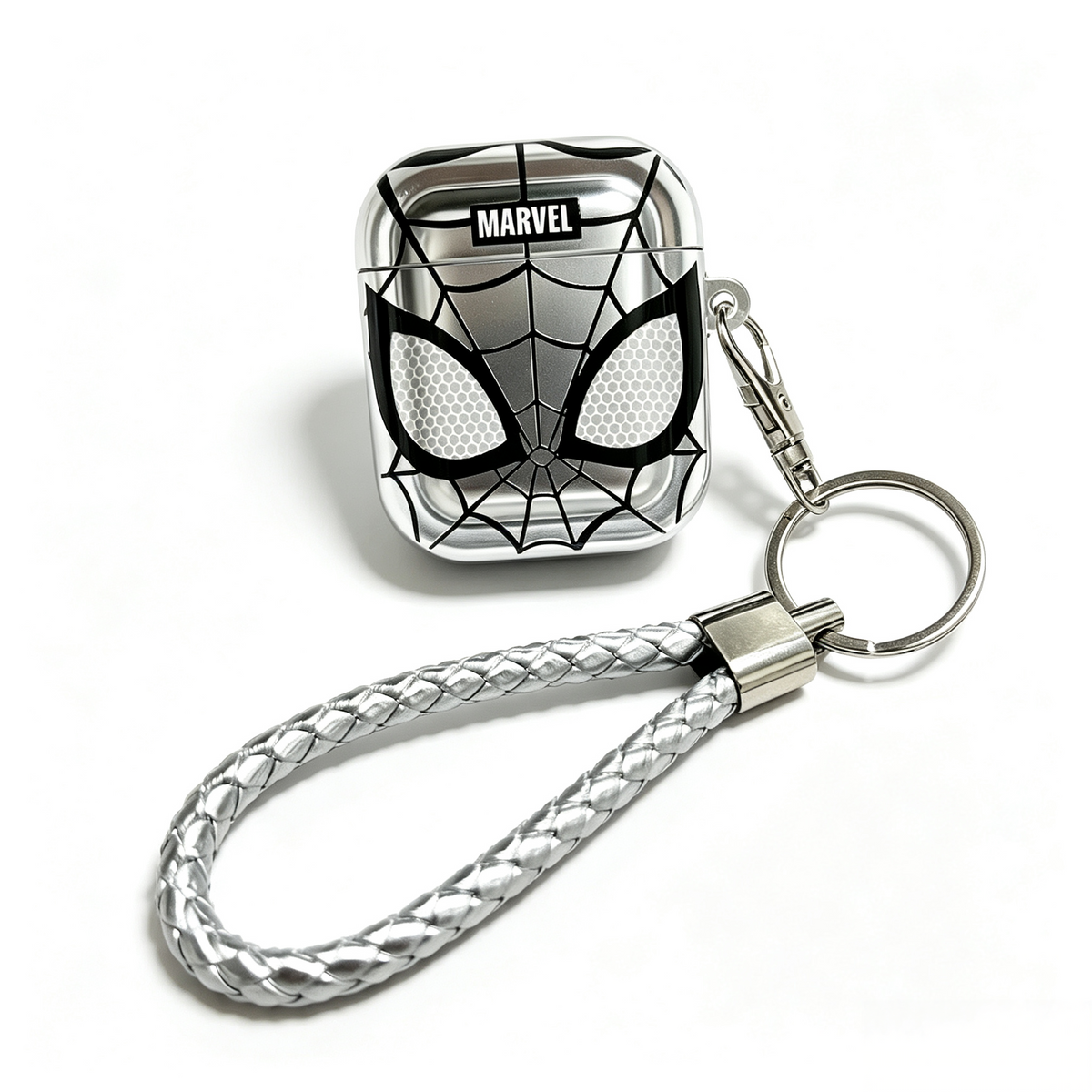 MARVEL Silver Spider Man Protective Case Set for iPhone & Airpods, Electroplated Spider Web Face Phone Cover & Earbud Case with Keychain