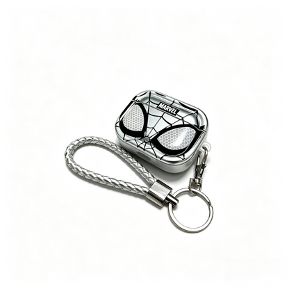 MARVEL Silver Spider Man Protective Case Set for iPhone & Airpods, Electroplated Spider Web Face Phone Cover & Earbud Case with Keychain