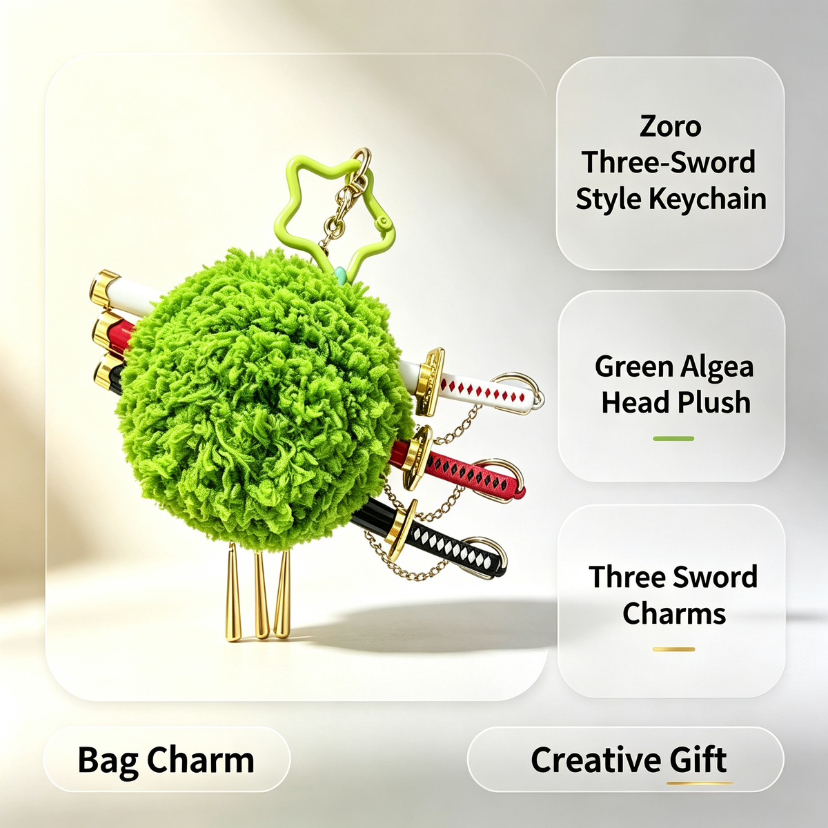 One Piece Roronoa Zoro Plush Keychain, Three Sword Style Green Algae Head Bag Charm, Cute Anime Figure Pendant, Collectible Key Ring Gift for One Piece Fans