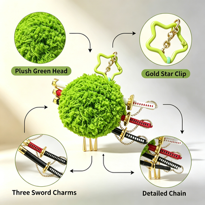 One Piece Roronoa Zoro Plush Keychain, Three Sword Style Green Algae Head Bag Charm, Cute Anime Figure Pendant, Collectible Key Ring Gift for One Piece Fans