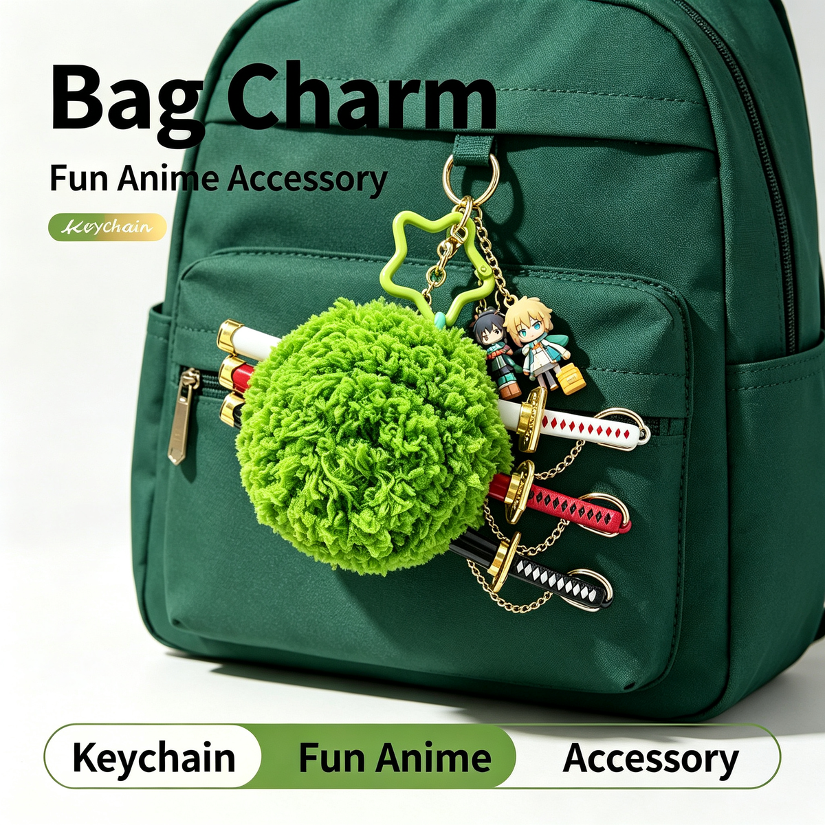One Piece Roronoa Zoro Plush Keychain, Three Sword Style Green Algae Head Bag Charm, Cute Anime Figure Pendant, Collectible Key Ring Gift for One Piece Fans