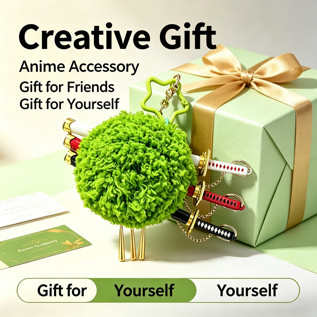 One Piece Roronoa Zoro Plush Keychain, Three Sword Style Green Algae Head Bag Charm, Cute Anime Figure Pendant, Collectible Key Ring Gift for One Piece Fans