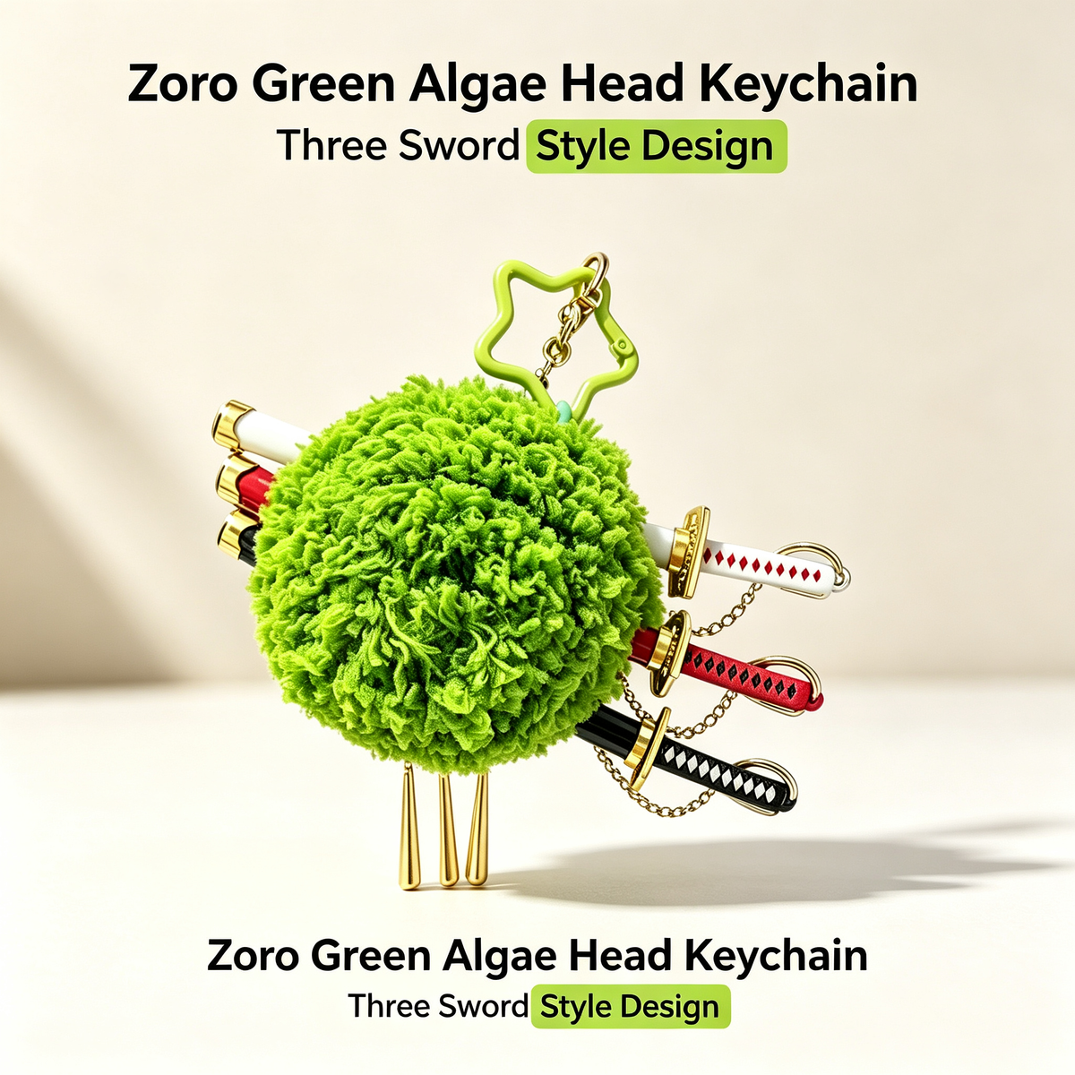 One Piece Roronoa Zoro Plush Keychain, Three Sword Style Green Algae Head Bag Charm, Cute Anime Figure Pendant, Collectible Key Ring Gift for One Piece Fans