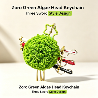 One Piece Roronoa Zoro Plush Keychain, Three Sword Style Green Algae Head Bag Charm, Cute Anime Figure Pendant, Collectible Key Ring Gift for One Piece Fans