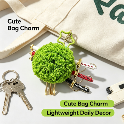 One Piece Roronoa Zoro Plush Keychain, Three Sword Style Green Algae Head Bag Charm, Cute Anime Figure Pendant, Collectible Key Ring Gift for One Piece Fans