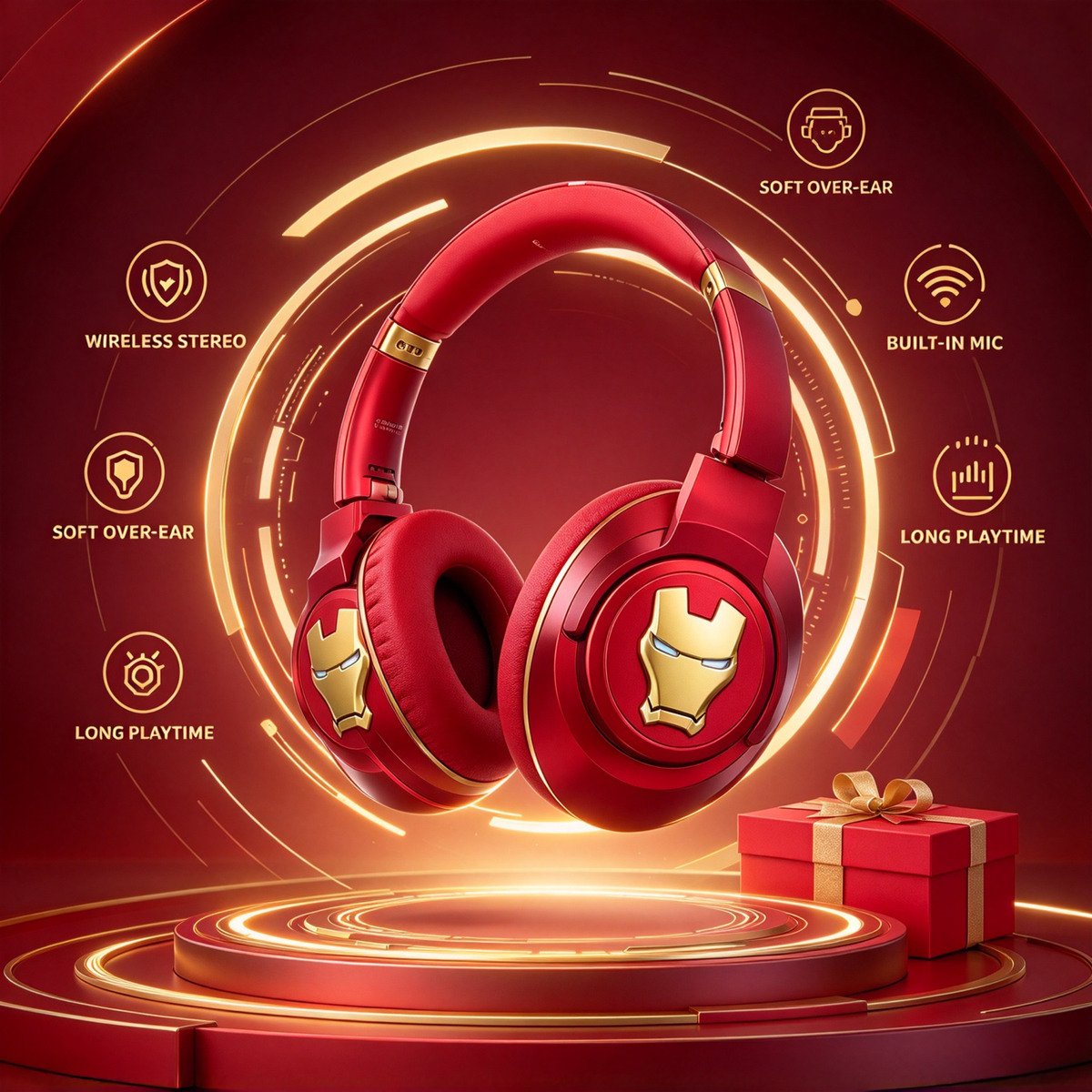 Marvel Iron Man Over Ear Bluetooth Headphones, Avengers Wireless Headset with Mic, Foldable Stereo Gaming Headphones, Comfortable Ear Cushion, Long Battery Life, Collectible Gift for Marvel Fans Teens Adults