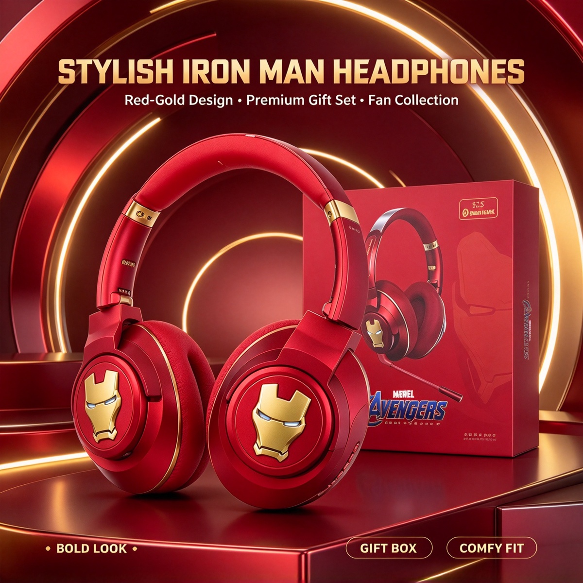 Marvel Iron Man Over Ear Bluetooth Headphones, Avengers Wireless Headset with Mic, Foldable Stereo Gaming Headphones, Comfortable Ear Cushion, Long Battery Life, Collectible Gift for Marvel Fans Teens Adults