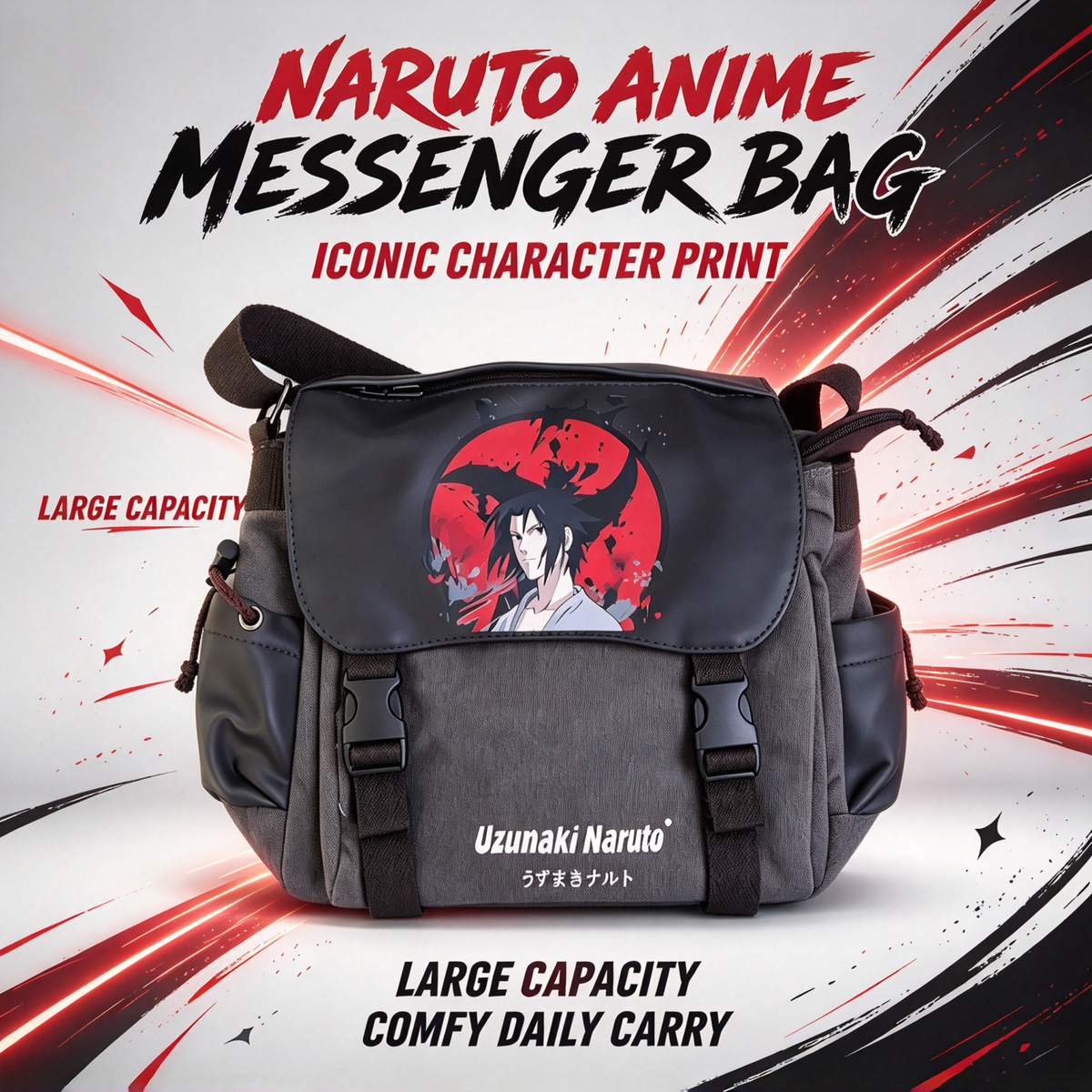 Naruto Anime Messenger Bag, Red Character Print Shoulder Bag, Japanese Manga Crossbody Bag, Canvas School Bag with Secure Flap, Casual Daypack for Boys Girls Teens Anime Fans