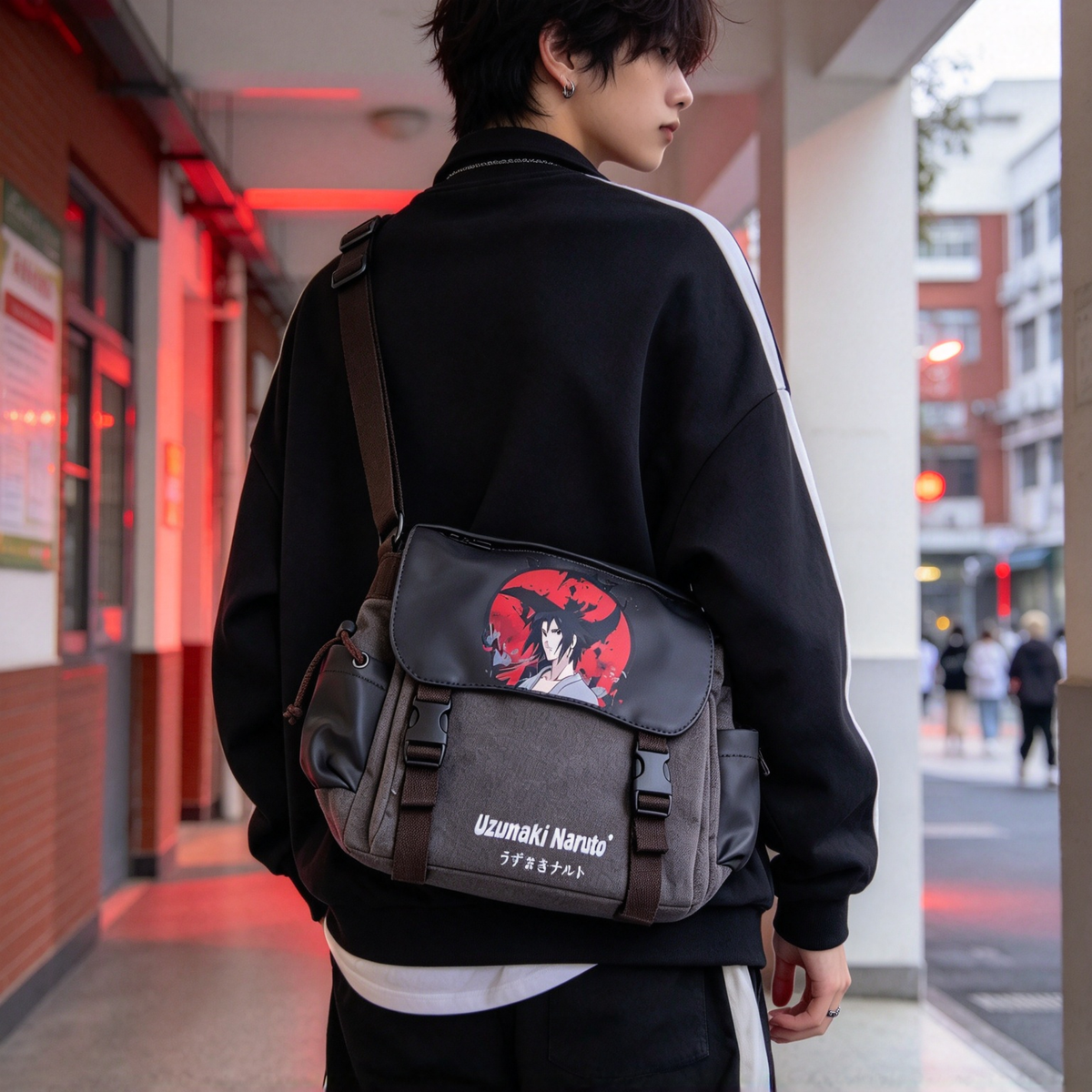 Naruto Anime Messenger Bag, Red Character Print Shoulder Bag, Japanese Manga Crossbody Bag, Canvas School Bag with Secure Flap, Casual Daypack for Boys Girls Teens Anime Fans