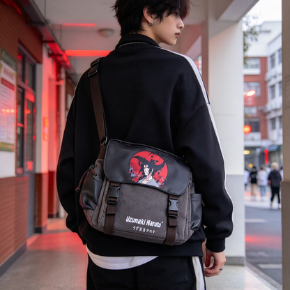 Naruto Anime Messenger Bag, Red Character Print Shoulder Bag, Japanese Manga Crossbody Bag, Canvas School Bag with Secure Flap, Casual Daypack for Boys Girls Teens Anime Fans