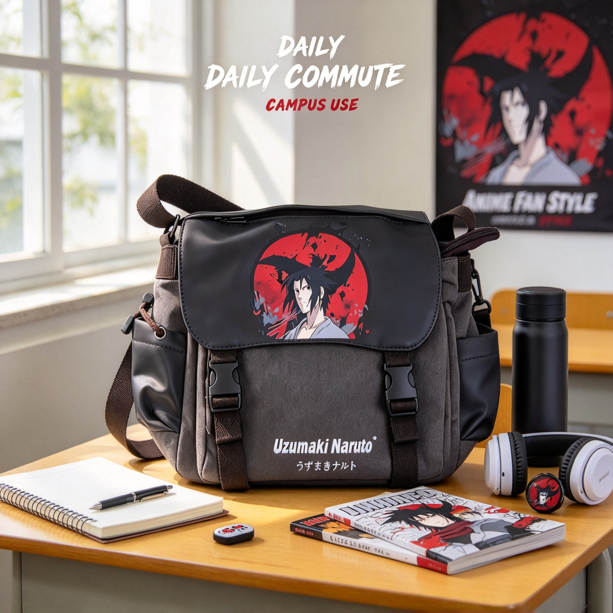 Naruto Anime Messenger Bag, Red Character Print Shoulder Bag, Japanese Manga Crossbody Bag, Canvas School Bag with Secure Flap, Casual Daypack for Boys Girls Teens Anime Fans