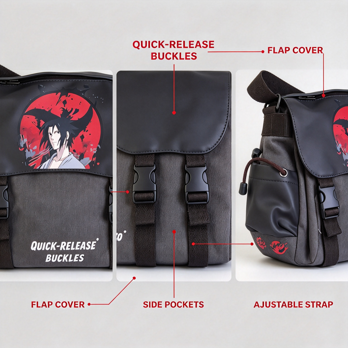 Naruto Anime Messenger Bag, Red Character Print Shoulder Bag, Japanese Manga Crossbody Bag, Canvas School Bag with Secure Flap, Casual Daypack for Boys Girls Teens Anime Fans