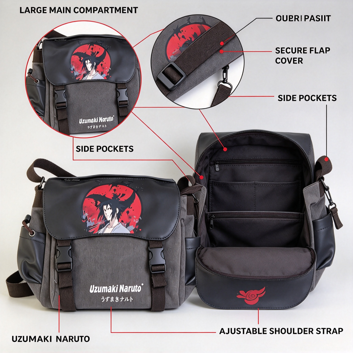 Naruto Anime Messenger Bag, Red Character Print Shoulder Bag, Japanese Manga Crossbody Bag, Canvas School Bag with Secure Flap, Casual Daypack for Boys Girls Teens Anime Fans