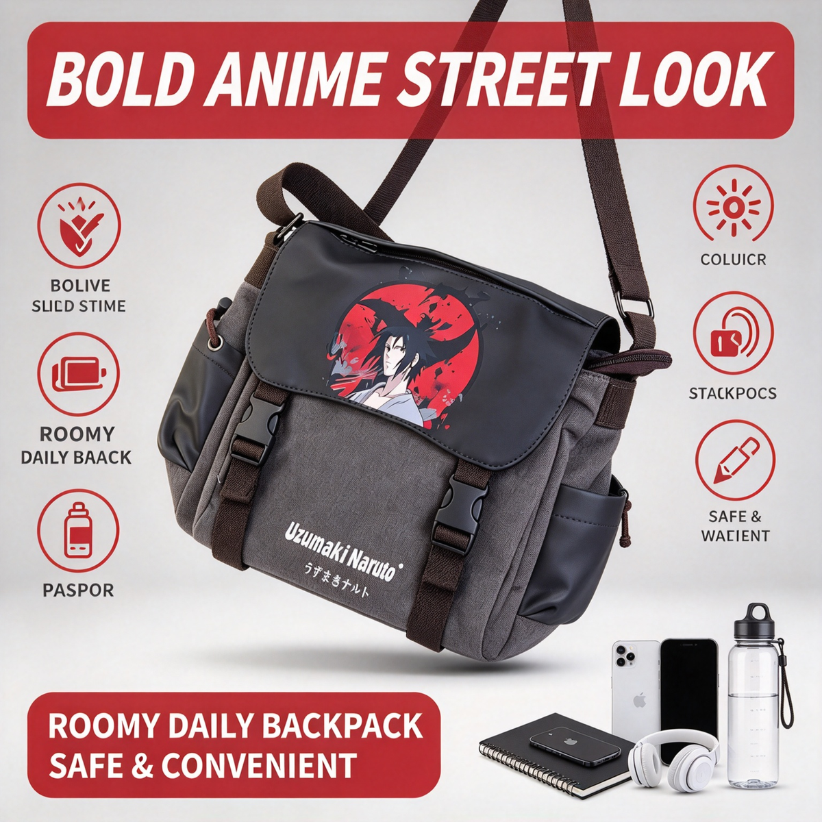 Naruto Anime Messenger Bag, Red Character Print Shoulder Bag, Japanese Manga Crossbody Bag, Canvas School Bag with Secure Flap, Casual Daypack for Boys Girls Teens Anime Fans
