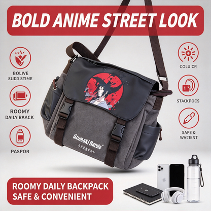 Naruto Anime Messenger Bag, Red Character Print Shoulder Bag, Japanese Manga Crossbody Bag, Canvas School Bag with Secure Flap, Casual Daypack for Boys Girls Teens Anime Fans