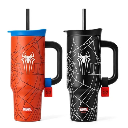 Marvel Spider-Man 40oz Tumbler with Handle and Straw, Stainless Steel Insulated Travel Mug, Spider Web Design Water Cup, Leakproof Cold Hot Beverage Tumbler Gift for Marvel Fans