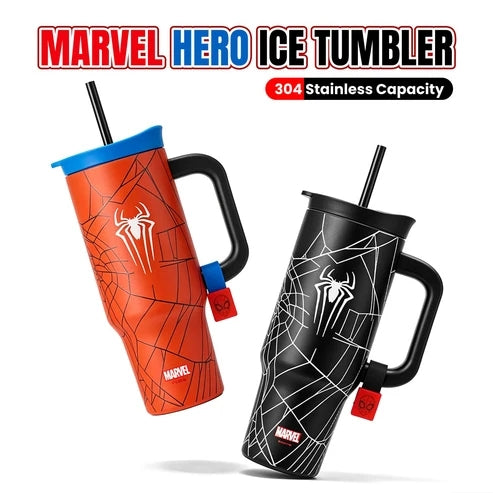 Marvel Spider-Man 40oz Tumbler with Handle and Straw, Stainless Steel Insulated Travel Mug, Spider Web Design Water Cup, Leakproof Cold Hot Beverage Tumbler Gift for Marvel Fans