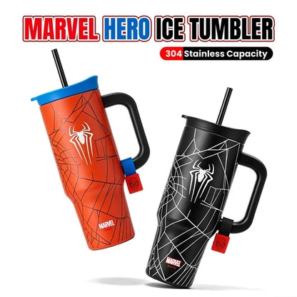Marvel Spider-Man 40oz Tumbler with Handle and Straw, Stainless Steel Insulated Travel Mug, Spider Web Design Water Cup, Leakproof Cold Hot Beverage Tumbler Gift for Marvel Fans