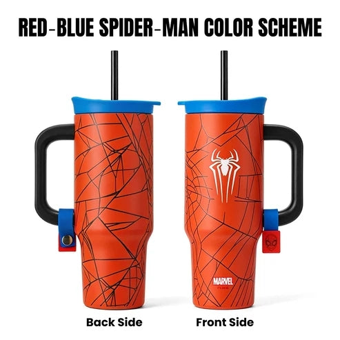 Marvel Spider-Man 40oz Tumbler with Handle and Straw, Stainless Steel Insulated Travel Mug, Spider Web Design Water Cup, Leakproof Cold Hot Beverage Tumbler Gift for Marvel Fans