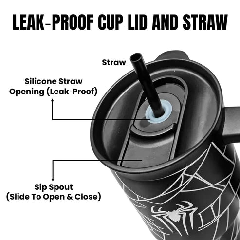 Marvel Spider-Man 40oz Tumbler with Handle and Straw, Stainless Steel Insulated Travel Mug, Spider Web Design Water Cup, Leakproof Cold Hot Beverage Tumbler Gift for Marvel Fans