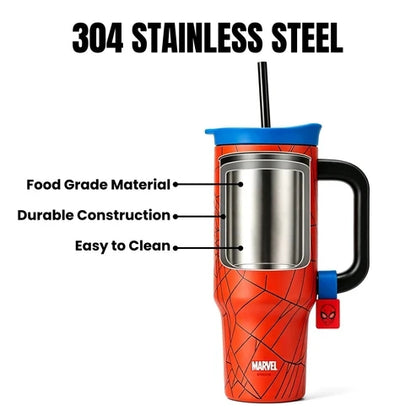 Marvel Spider-Man 40oz Tumbler with Handle and Straw, Stainless Steel Insulated Travel Mug, Spider Web Design Water Cup, Leakproof Cold Hot Beverage Tumbler Gift for Marvel Fans