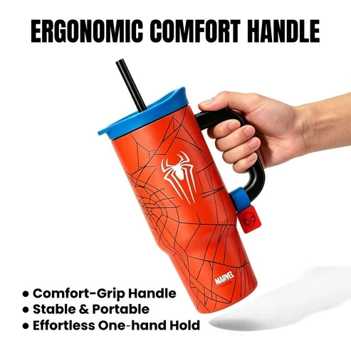 Marvel Spider-Man 40oz Tumbler with Handle and Straw, Stainless Steel Insulated Travel Mug, Spider Web Design Water Cup, Leakproof Cold Hot Beverage Tumbler Gift for Marvel Fans