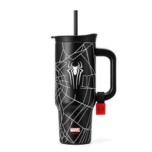 Marvel Spider-Man 40oz Tumbler with Handle and Straw, Stainless Steel Insulated Travel Mug, Spider Web Design Water Cup, Leakproof Cold Hot Beverage Tumbler Gift for Marvel Fans